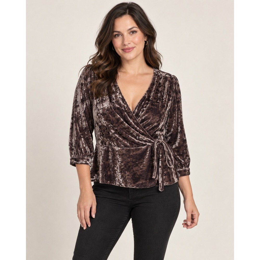 Collective Concepts Wrap Top Medium Gray Crushed Velvet Tie V-Neck luxe festive